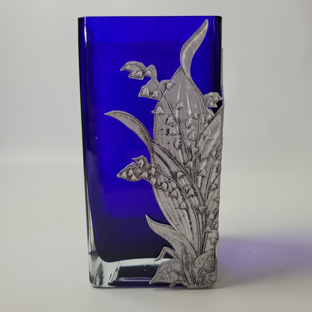 Wendell August Forge Cobalt Blue Glass Vase Lily of the Valley Aluminum Overlay